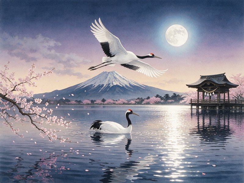 Traditional Japanese landscape with Mount Fuji, red-crowned cranes, cherry blossoms, full moon, and lakeside shrine