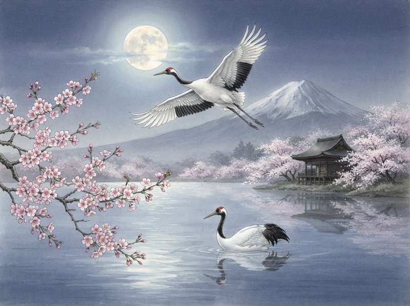 Traditional Japanese illustration of red-crowned cranes, cherry blossoms, Mount Fuji, and a pagoda overlooking a