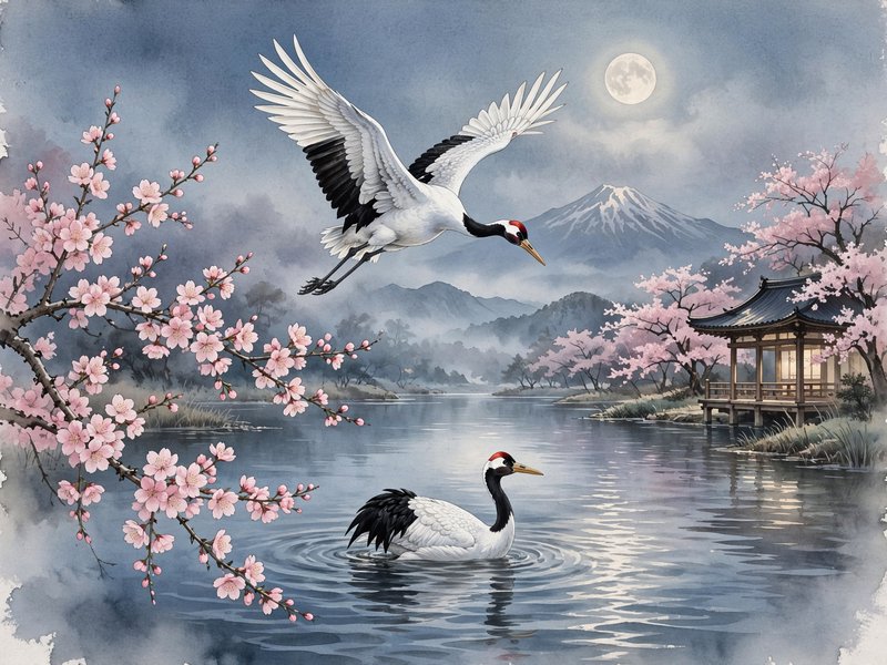 Watercolor Japanese landscape with red-crowned cranes, cherry blossoms, Mount Fuji, full moon over calm lakeside tea house