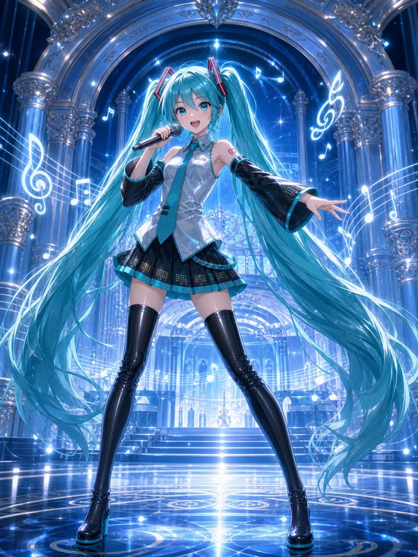 Hatsune Miku sings holding a microphone on a glowing ornate blue concert stage surrounded by floating musical notes