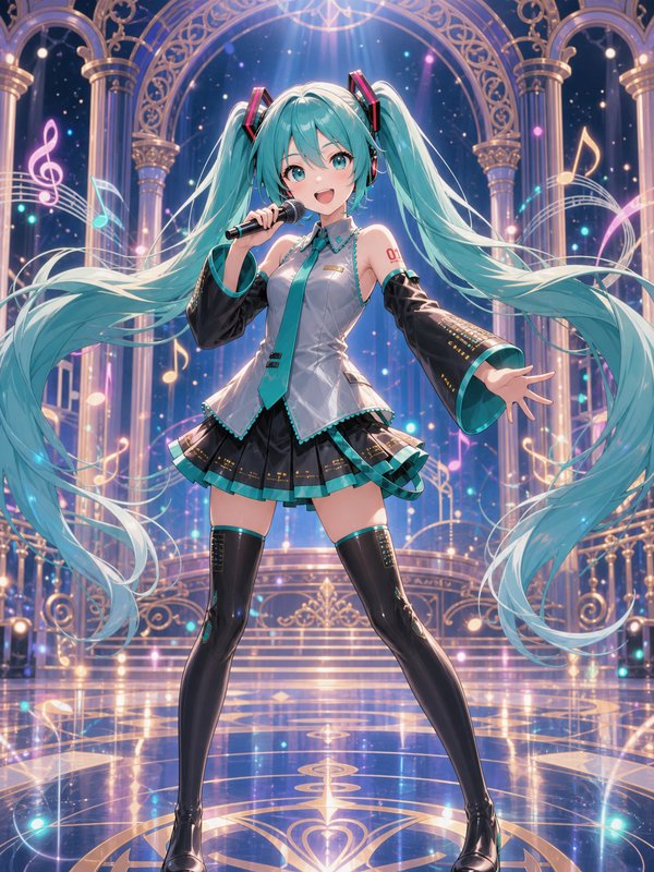 Hatsune Miku sings into a microphone on a glowing ornate concert stage, with floating musical notes swirling around her.