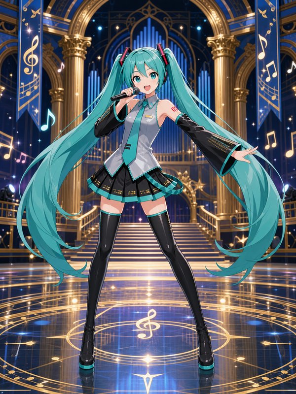 Hatsune Miku sings into a microphone on an ornate gilded blue concert stage, floating musical notes surrounding her.