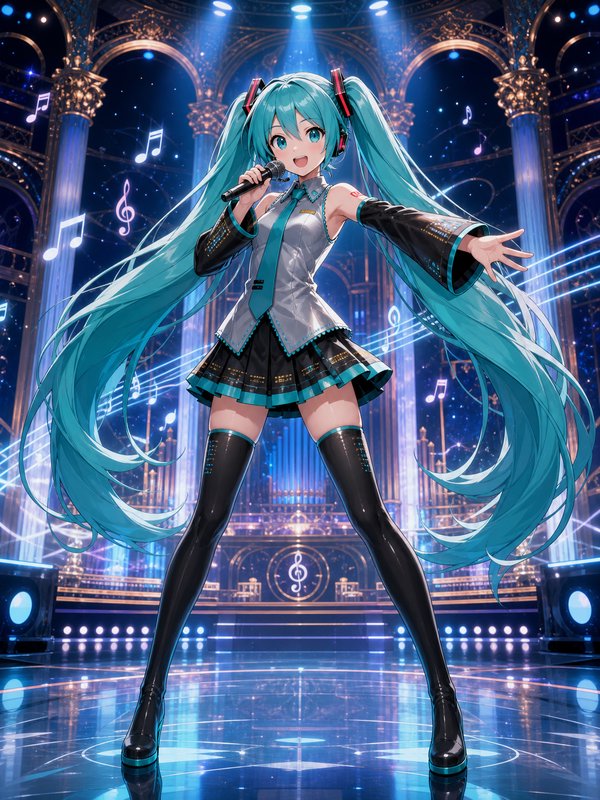 Teal twin-tailed Hatsune Miku sings into a microphone on an ornate glowing concert stage surrounded by floating musical