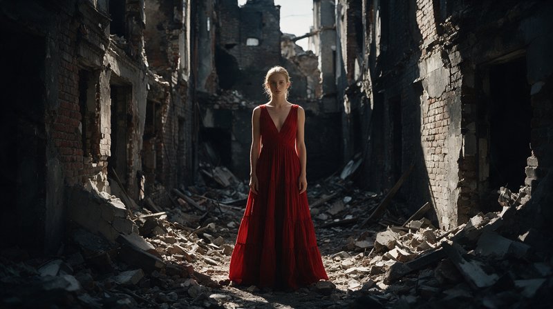 Woman in a long red gown standing in rubble between crumbling destroyed city buildings
