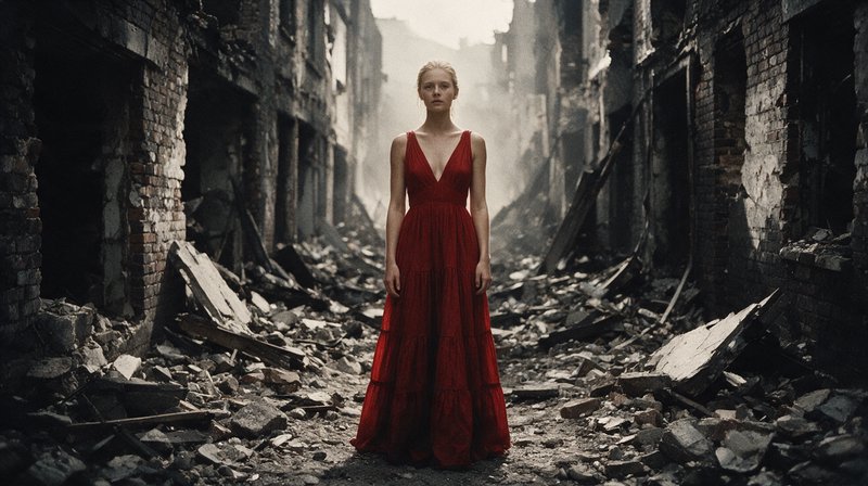 Woman in a long red gown standing on a rubble-strewn street between bombed out ruined buildings