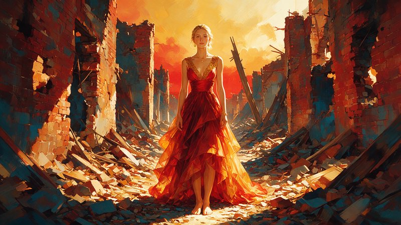 Barefoot woman in a flowing red gown stands between crumbling city ruins at golden sunset