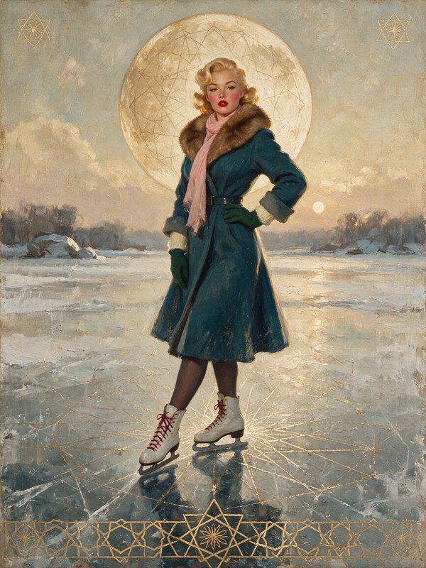 Retro blonde pinup woman ice skating on a frozen lake beneath a large glowing full moon