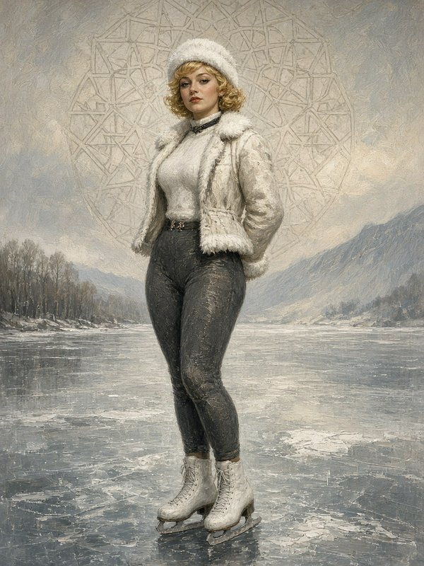 Woman in vintage winter wear and ice skates stands on a frozen alpine lake.