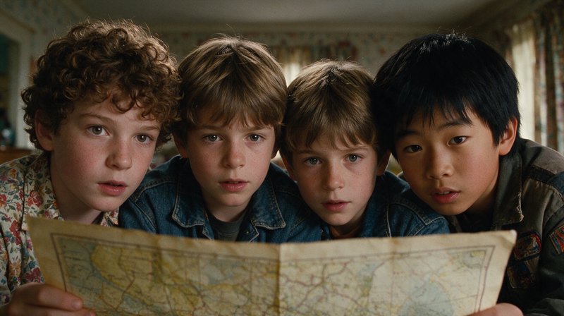 Four young boys huddle intently while examining a tattered old paper map inside a vintage home