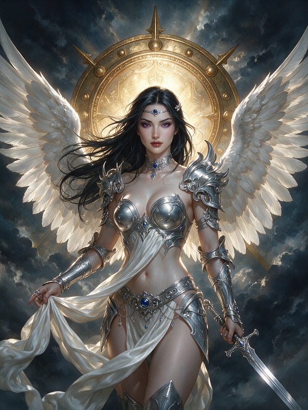 Armored valkyrie angel with white wings and glowing golden halo holds a sword above stormy skies
