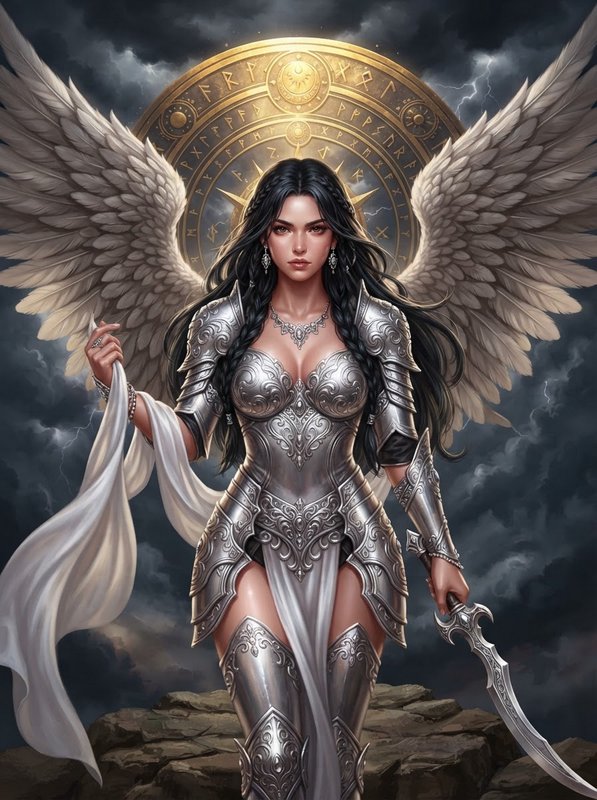 Winged valkyrie in ornate silver armor holds a curved sword against a stormy lightning-lit sky