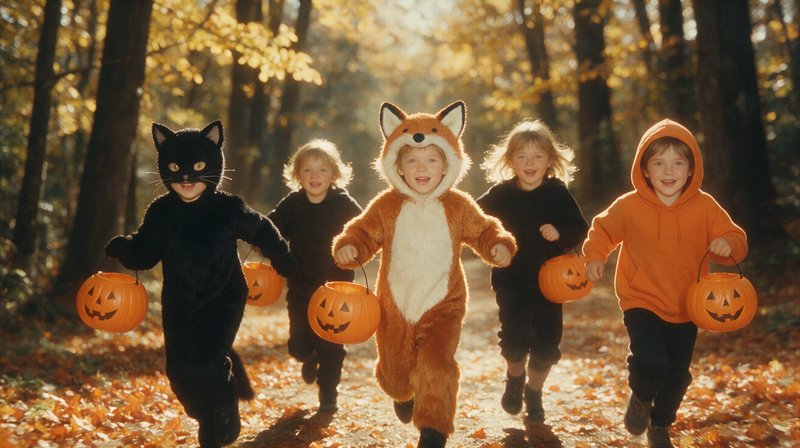 Children in Halloween costumes run toward the camera holding jack-o-lantern buckets on an autumn forest path