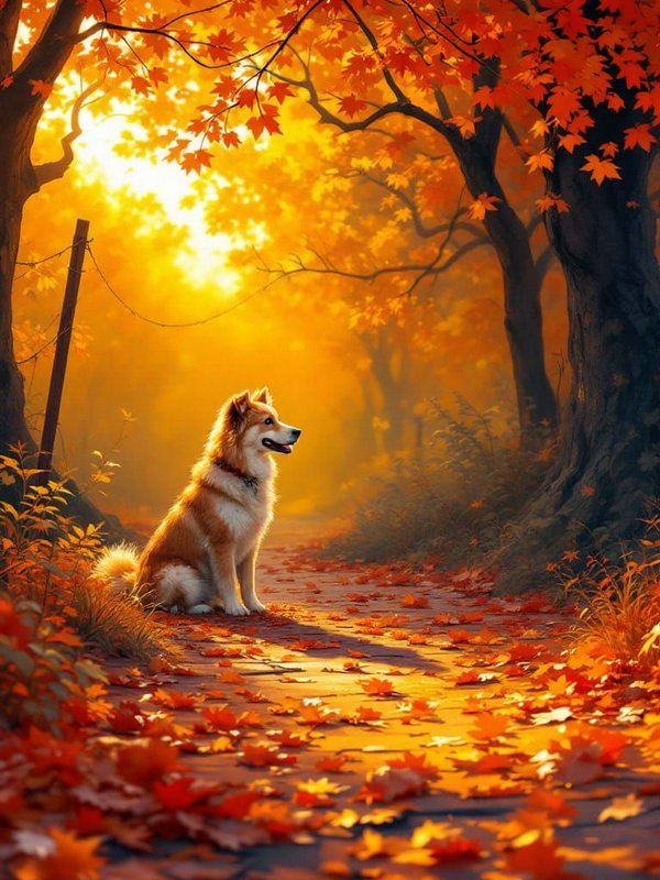 Fluffy tan and white dog sits on a leaf-covered autumn forest path glowing in golden sunset