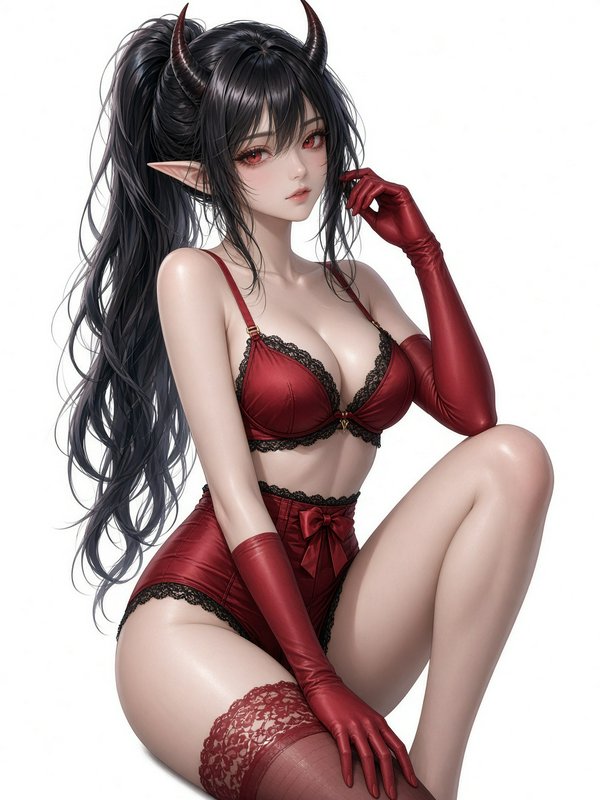 Seated fantasy demon elf girl with horned black ponytail wearing red lace lingerie against a plain white background