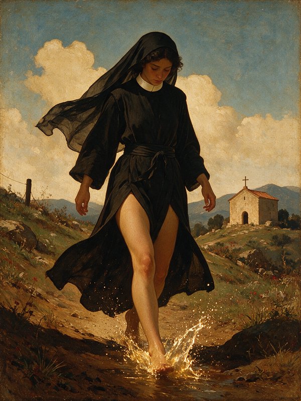 Nun in a flowing black habit walks barefoot through a sunlit stream near a hilltop chapel