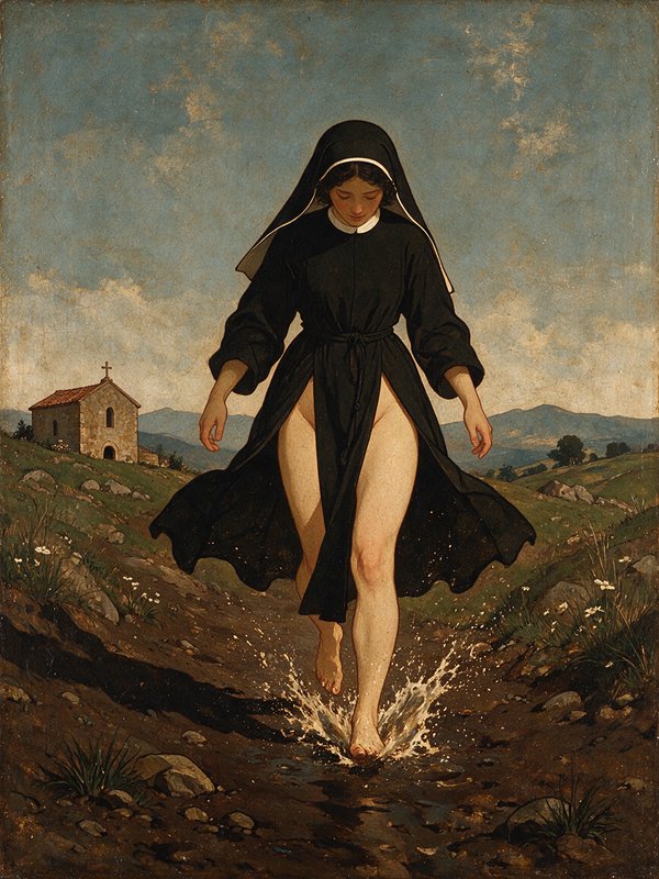 Nun walks barefoot splashing through a muddy hillside path, her habit parted to show bare legs, small stone chapel in the
