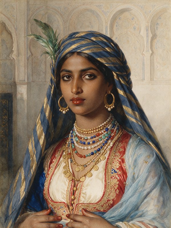 Classical portrait of a woman in ornate traditional regalia and striped turban before Moorish arch walls