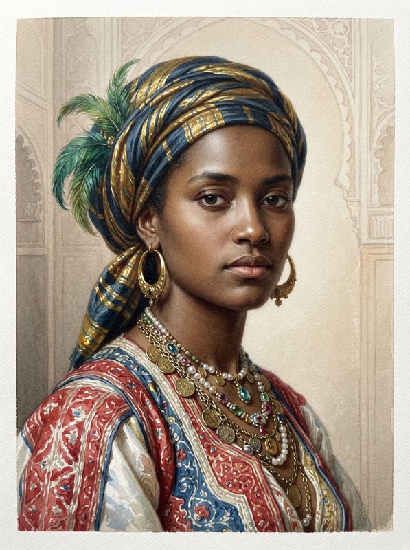 Watercolor portrait of a regal woman wearing an ornate feathered turban and layered traditional jewelry