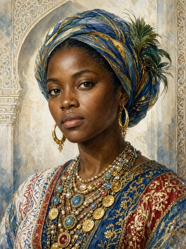 Regal Black noblewoman wearing an ornate jeweled turban and gold necklaces in a historical portrait