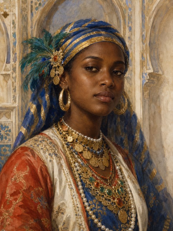 Regal portrait of a Black woman in elaborate traditional regalia standing before ornate Moorish archways