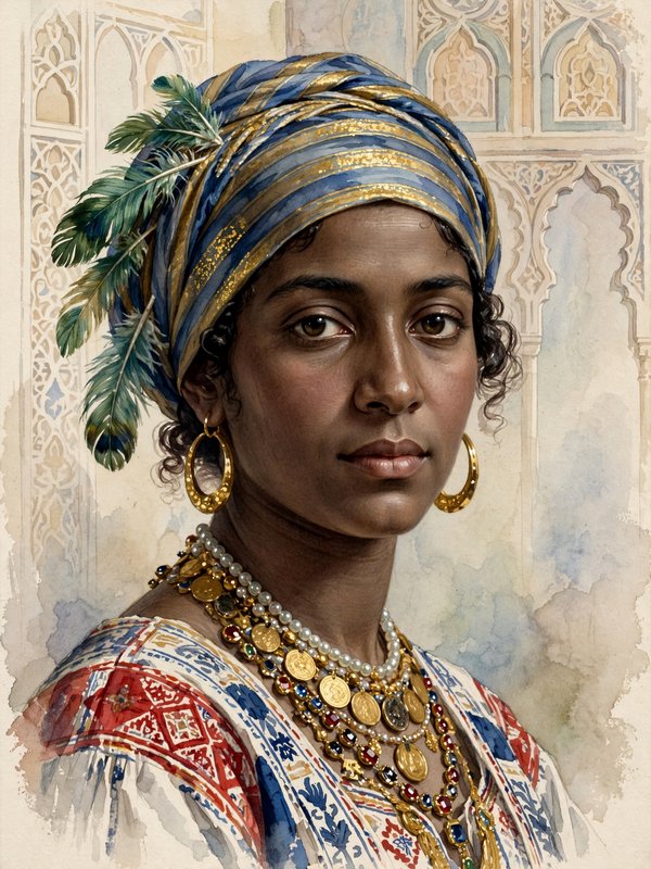 Watercolor portrait of a woman in a feathered striped turban, gold jewelry, and embroidered clothing before moorish arches