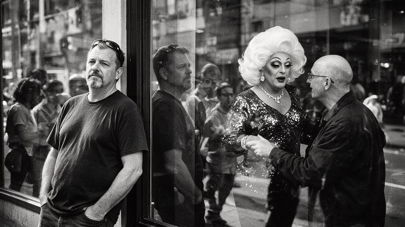 Black and white candid street scene of a drag queen conversing beside a reflective glass storefront