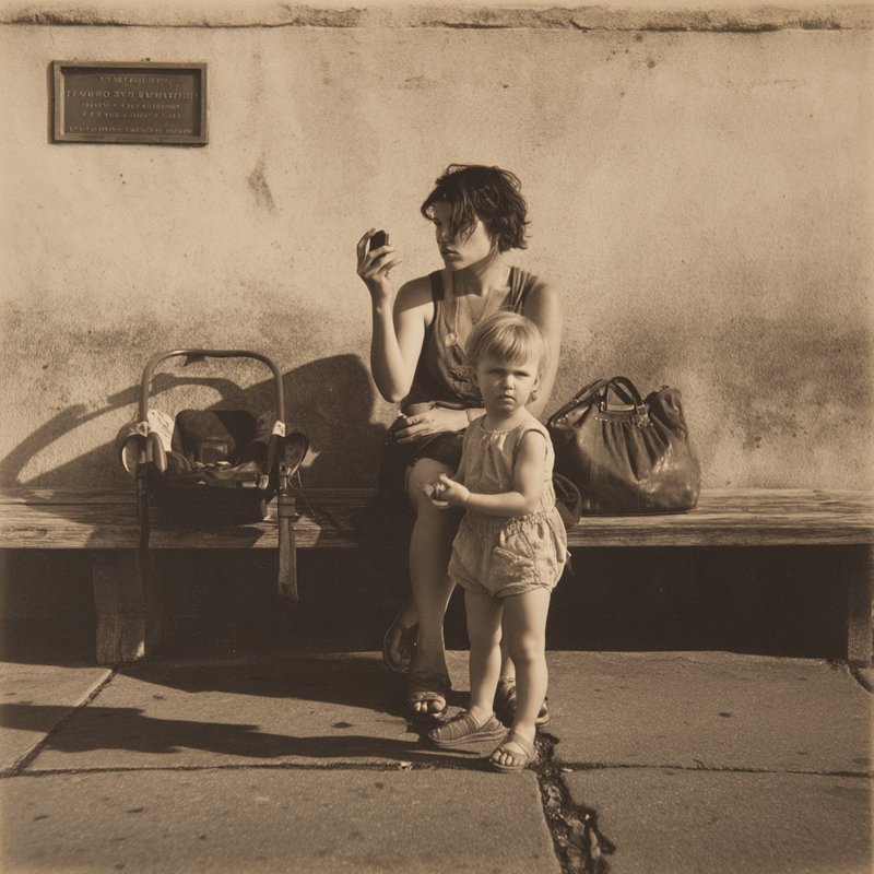 Sepia vintage street photo of a seated woman using a phone with a small toddler standing on the sidewalk in front of her