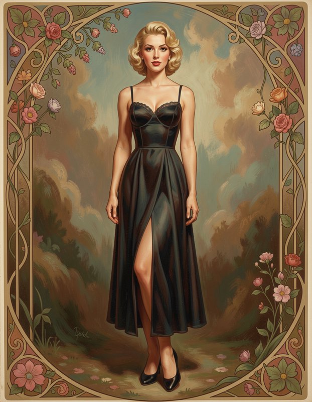 Glamorous blonde woman in a black slip dress framed by an ornate art nouveau floral border