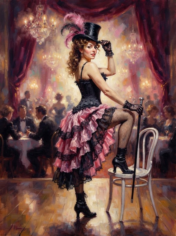 Glamorous Victorian burlesque performer poses with top hat and cane on a chair in a glowing cabaret hall