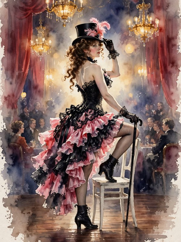Burlesque performer in a feathered top hat poses on a chair during a Victorian cabaret performance