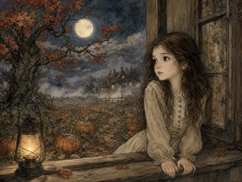 Young girl leans out a cottage window looking over a misty moonlit autumn pumpkin patch