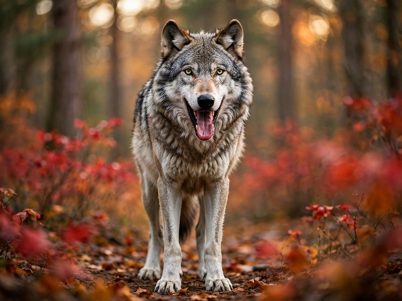 Gray wolf standing on a leaf-strewn autumn forest path, facing directly toward the camera.
