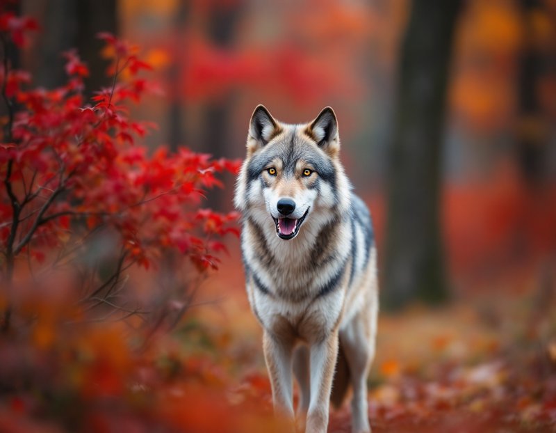 Gray wolf stands facing the viewer amid vibrant red fall foliage in an autumn forest