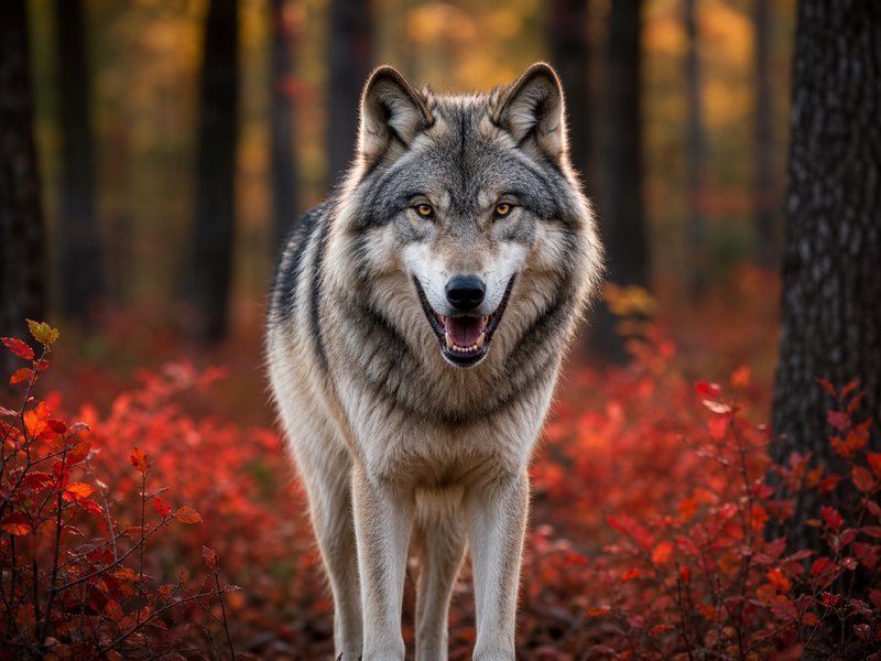 Gray wolf stands facing the camera in an autumn forest surrounded by bright red undergrowth