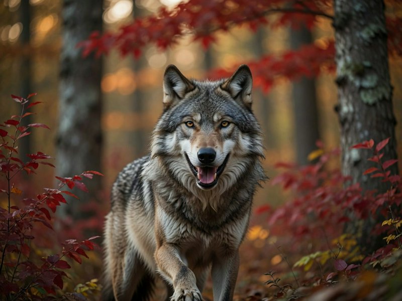 Gray timber wolf walking toward the camera through a sunlit autumn forest with red fall foliage