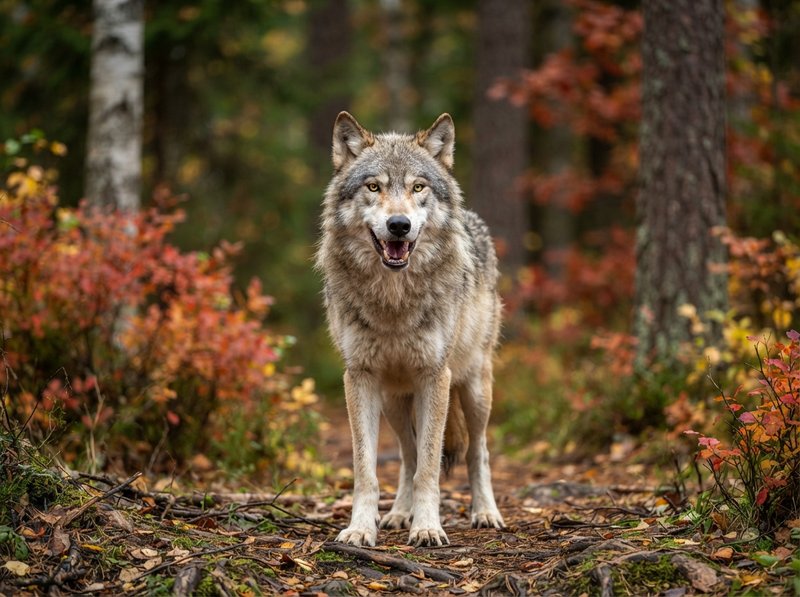 Gray wolf stands facing the camera on a leaf-strewn autumn forest path