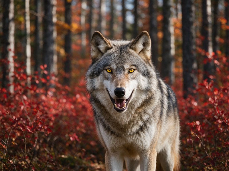 Gray wolf with bright golden yellow eyes stands facing the camera in a vibrant autumn forest