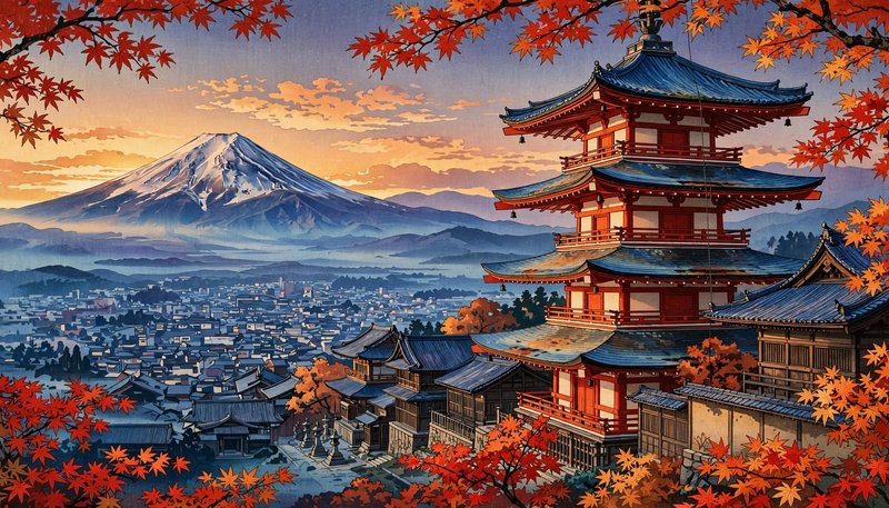 Traditional multi-tiered Japanese pagoda framed by autumn maple leaves with Mount Fuji at golden sunset