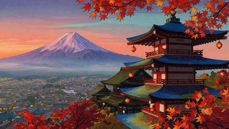 Fiery autumn maple frames a traditional Japanese pagoda with Mount Fuji overlooking a city at sunset