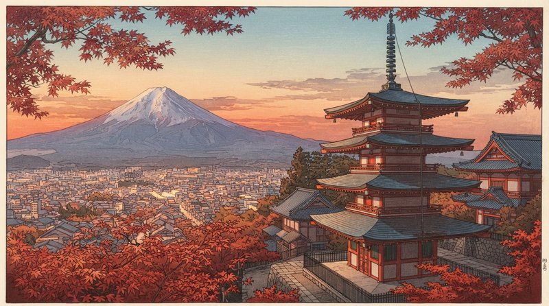 Tiered Japanese pagoda framed by red autumn maples with snow-capped Mount Fuji overlooking a city at sunset