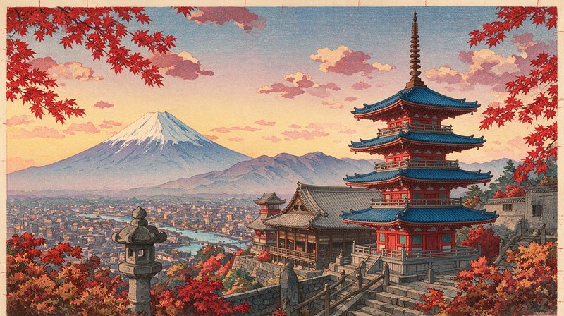 Red Japanese pagoda framed by autumn maple leaves with snow-capped Mount Fuji under a sunset sky.