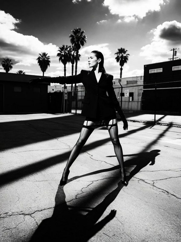 High fashion model strikes a dramatic posed stance in a sunlit industrial Los Angeles parking lot