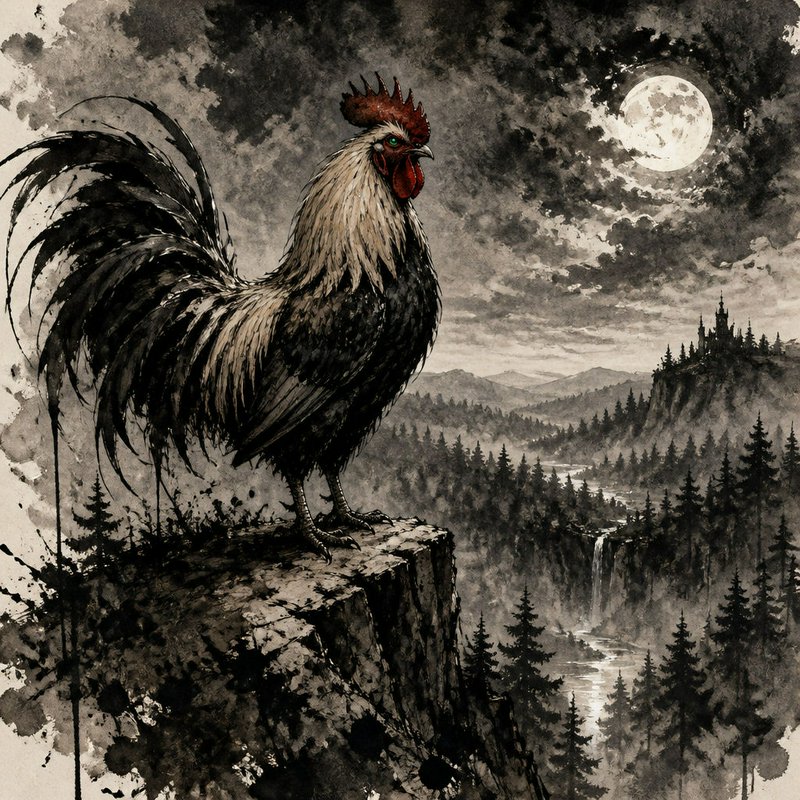Stylized rooster stands on a cliff edge overlooking a moonlit fantasy valley with a distant hilltop castle