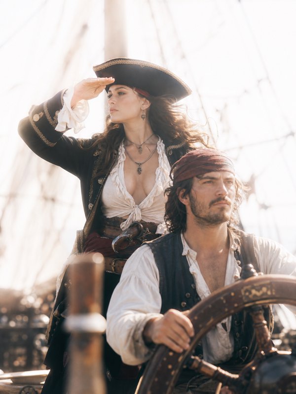 Female pirate captain scans the horizon as a man steers a tall ship at the helm