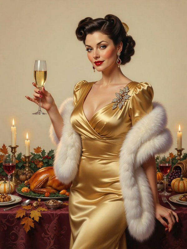 Elegant retro woman in a gold satin gown toasts with champagne beside a festive Thanksgiving dinner table