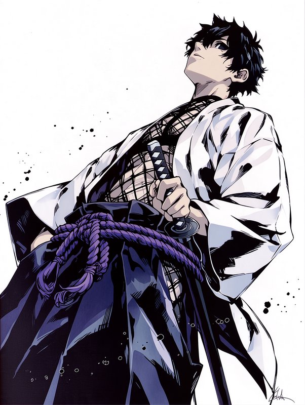 Stoic spiky black hair anime samurai holding a katana, looking upward against a plain white background