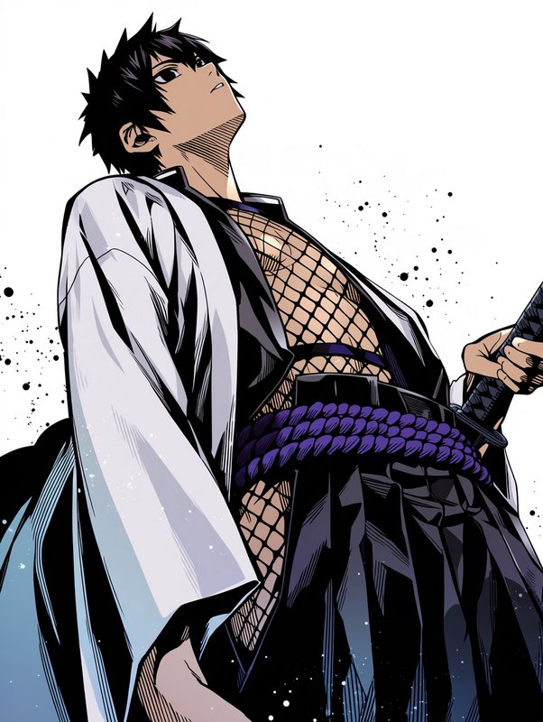 Spiky black hair anime swordsman holds a katana, gazing upward in layered samurai attire
