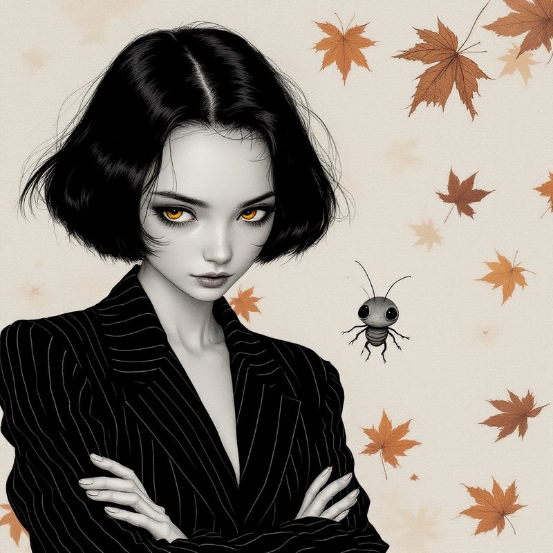 Stylized portrait of a woman with golden eyes standing beside a tiny bug and falling autumn maple leaves