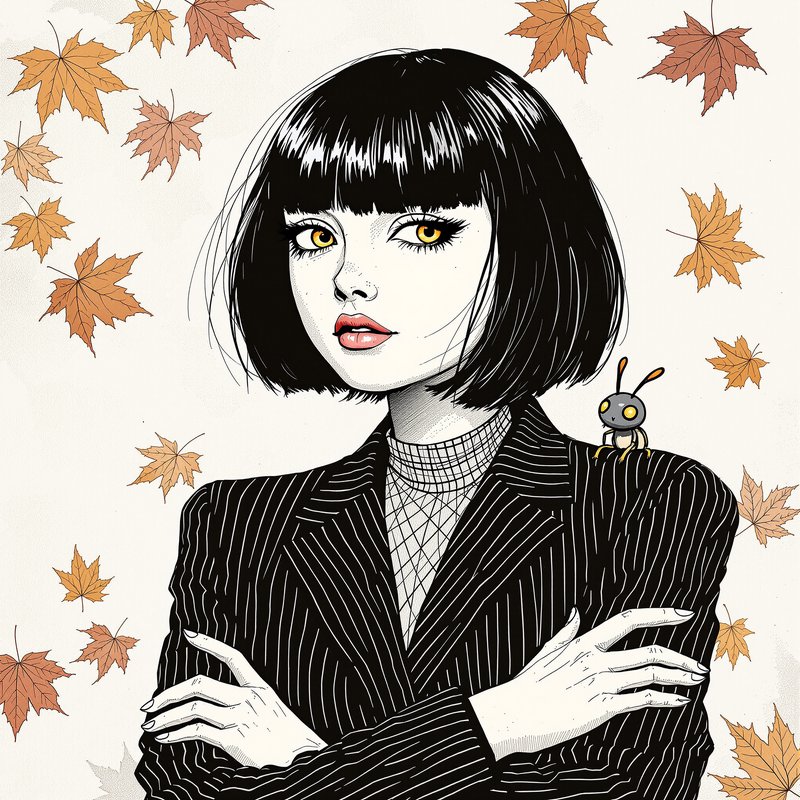 Stylized comic portrait of a woman with a black bob, tiny bug on her shoulder, surrounded by falling autumn maple leaves
