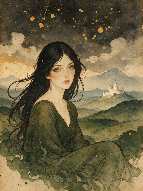 Ethereal raven-haired woman in a green gown sits before a hilltop castle under a star-dusted dusk sky
